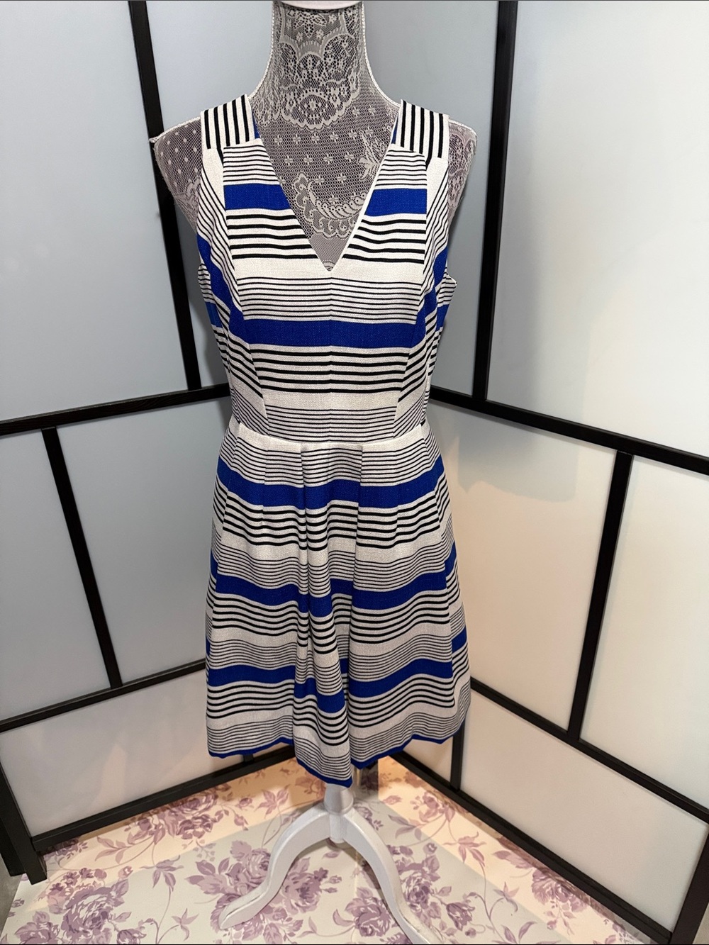 McGinn Blue, White and Black Striped V-Neck Fit & Flare Mini Dress